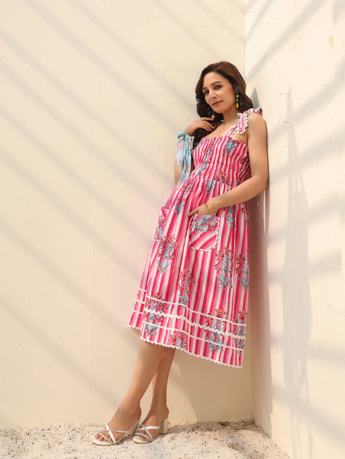 Floral Printed Pure Cotton A-Line Midi Dress